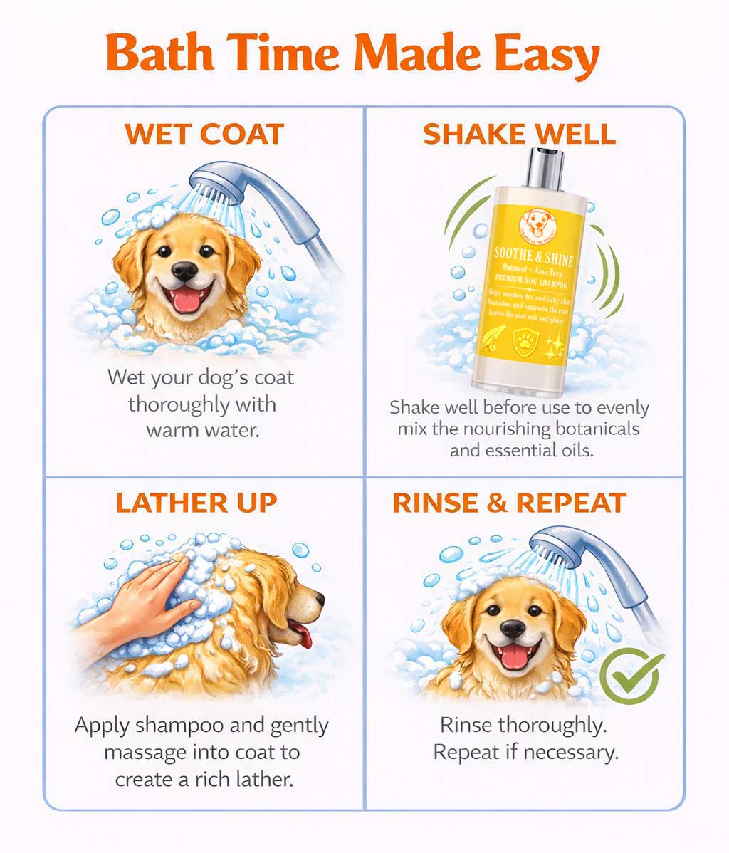 Instructions for using Scrappy to the Rescue Soothe & Shine dog shampoo