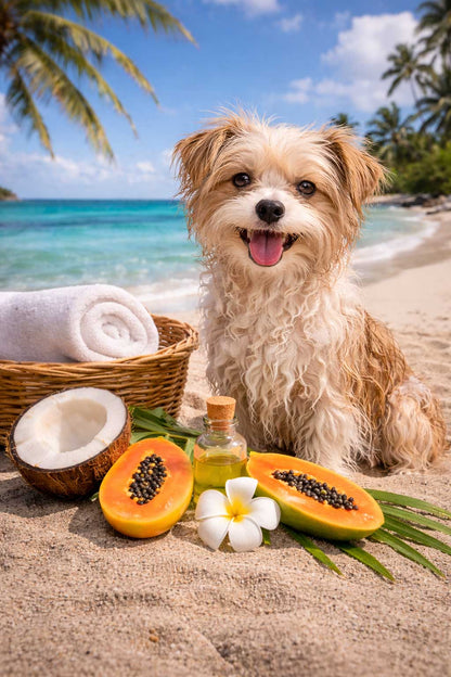 Dog on a beach with tropical fruits and a bottle, palm trees in the background