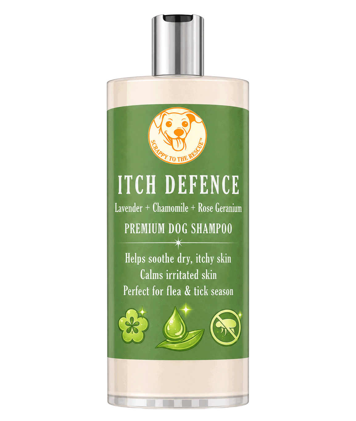 Dog shampoo bottle labeled 'Itch Defence' on a white background