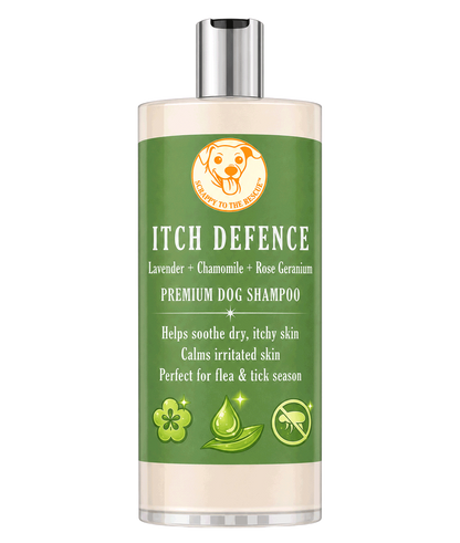 Dog shampoo bottle labeled 'Itch Defence' on a white background