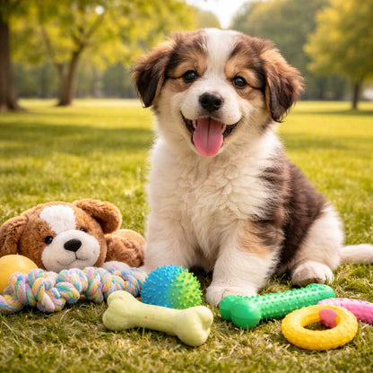 Happy puppy with toys on a grassy field