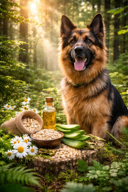 German Shepherd sitting in a forest with a bottle of oil, seeds, and vegetables on a log.