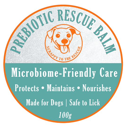 Prebiotic Rescue Balm packaging with a dog illustration and text on a white background