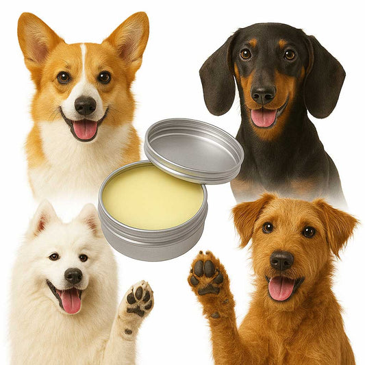 Four different breed of dogs with a tin of Scrappy to the Rescue balm