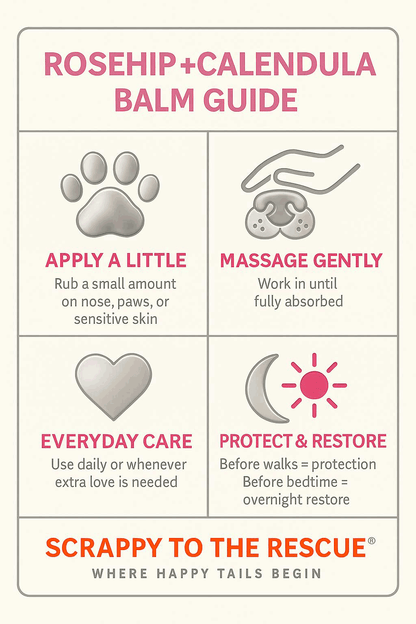 Rosehip and Calendula balm guide for pets with instructions on application and care.