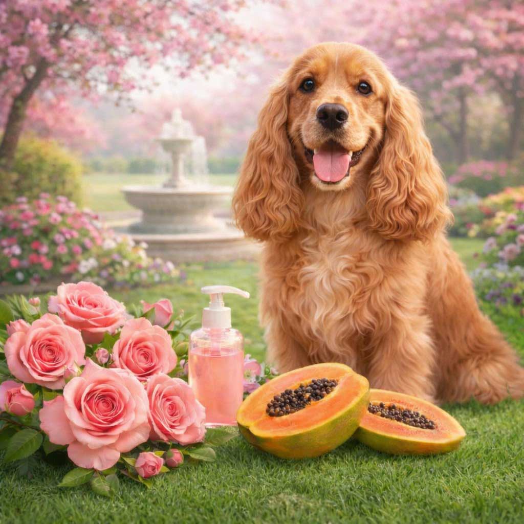 Cute dog sat in a garden, with roses and papaya