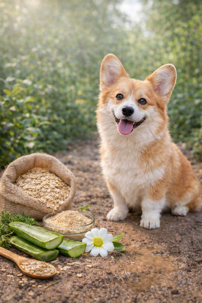 Corgi dog, sat in the woods with a bag of oats