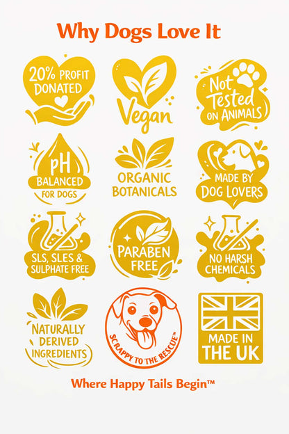 Soothe & Shine dog shampoo benefits infographic showing vegan formula, organic botanicals, pH balanced for dogs, paraben free, sulphate free, essential oils and cruelty free ingredients.