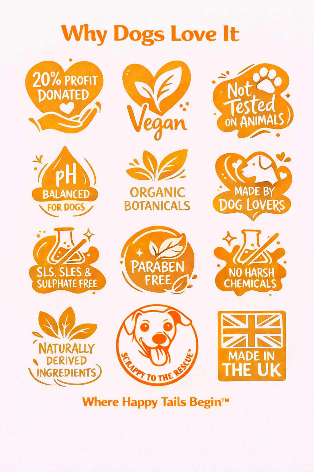 Stink Be Gone dog shampoo benefits infographic showing vegan formula, organic botanicals, pH balanced for dogs, paraben free, sulphate free, essential oils and cruelty free ingredients.