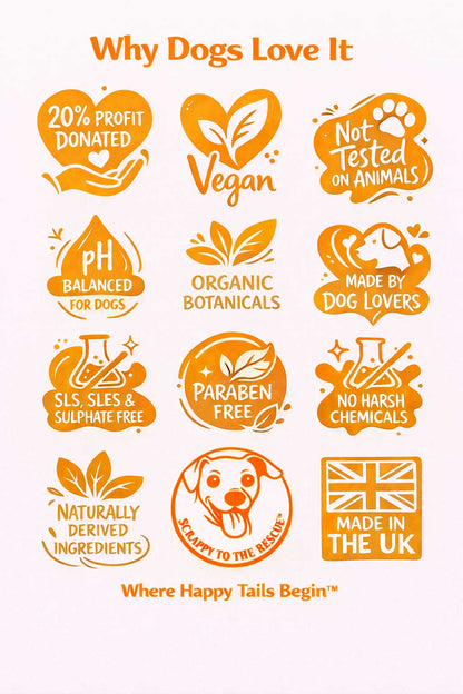 Stink Be Gone dog shampoo benefits infographic showing vegan formula, organic botanicals, pH balanced for dogs, paraben free, sulphate free, essential oils and cruelty free ingredients.