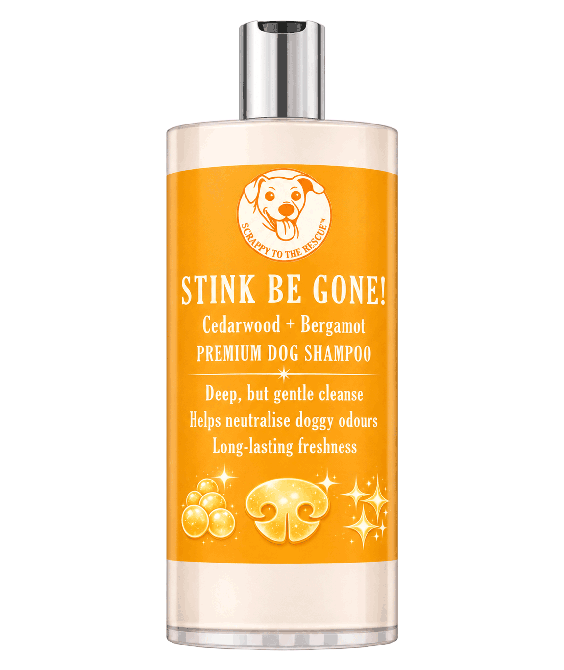 Dog shampoo bottle labeled 'Stink Be Gone' on a white background