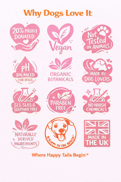 Sweetheart dog shampoo benefits infographic showing vegan formula, organic botanicals, pH balanced for dogs, paraben free, sulphate free, essential oils and cruelty free ingredients.