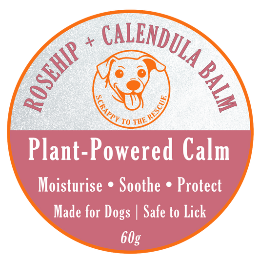 Rosehip and Calendula balm label for dogs with a dog icon and text on a white background.